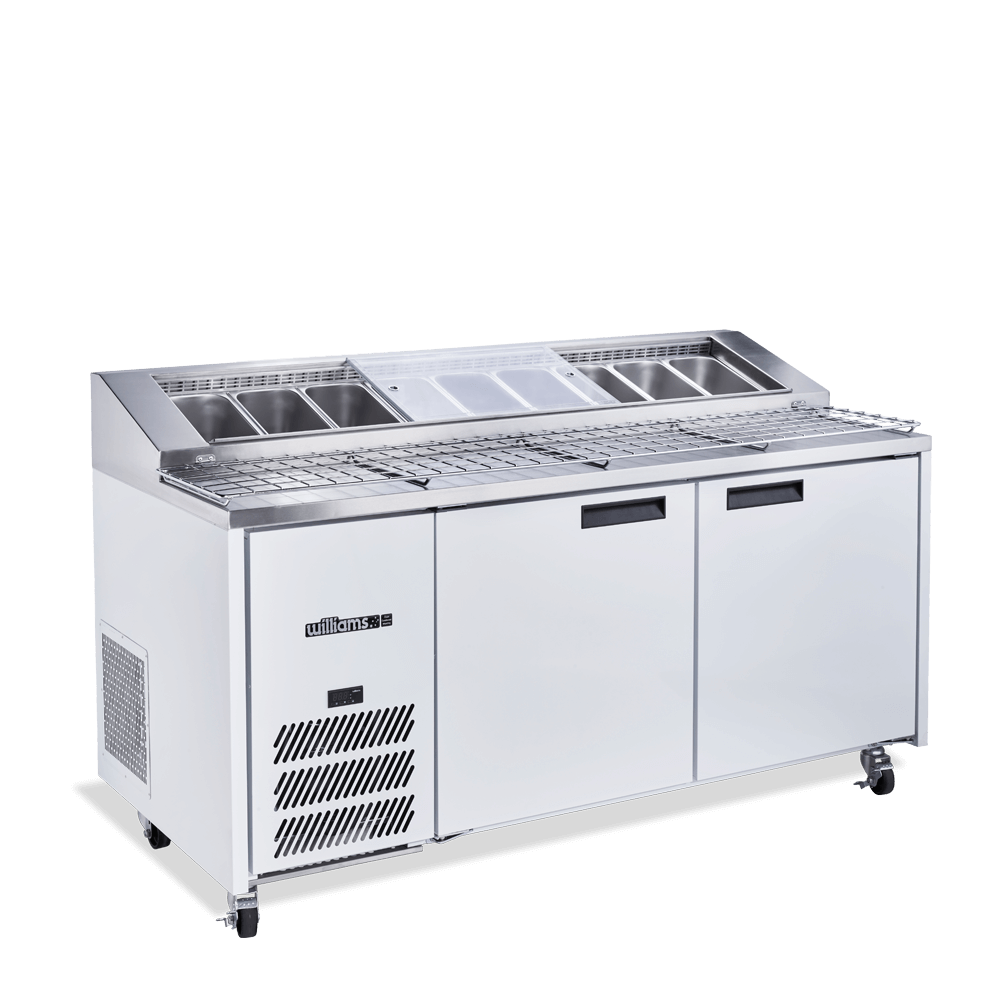 HJ2PCBA Jade Pizza - Two Door White Colorbond Pizza Prep Counter Refrigerator With Blown Air Well