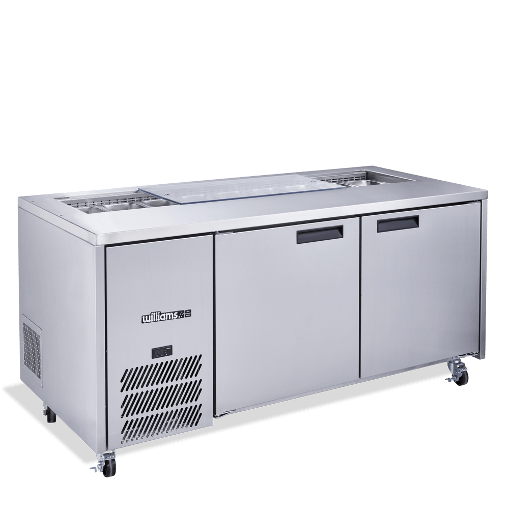 HJ2SCBA-000-N Jade Sandwich - Two Door White Colorbond Prep Counter Refrigerator With Blown Air Well- Without Canopy