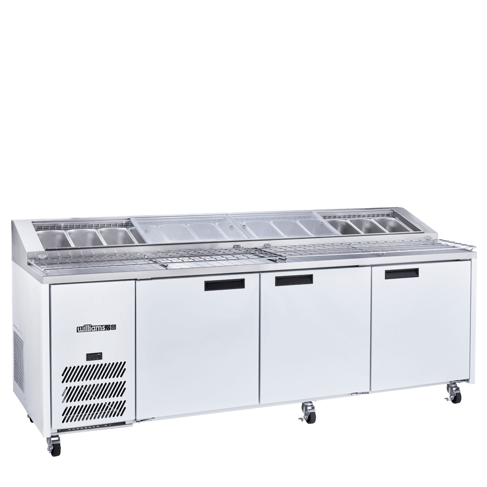 HJ3PCBA Jade Pizza - Three Door White Colorbond Pizza Prep Counter Refrigerator With Blown Air Well