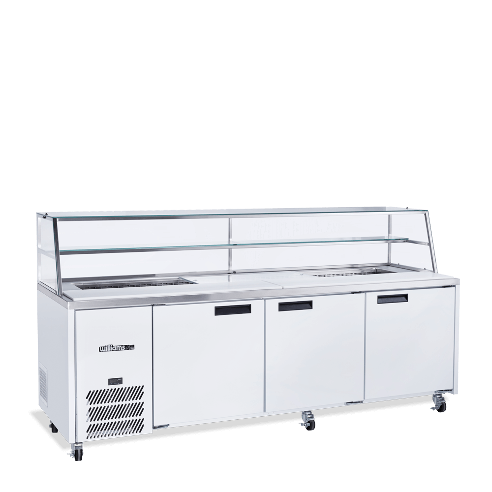HJ3SCBA Jade Sandwich - Three Door White Colorbond Prep Counter Refrigerator With Blown Air Well
