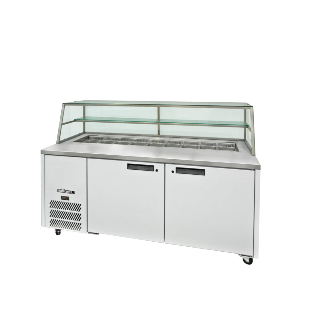 HJ2SCBA Jade Sandwich - Two Door White Colorbond Prep Counter Refrigerator With Blown Air Well