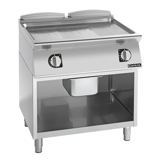 Giorik 900 Series 800mm wide 1/3 Ribbed 2/3 Smooth Satin Chrome Electric Frytop on Open Base FME941GCRXT