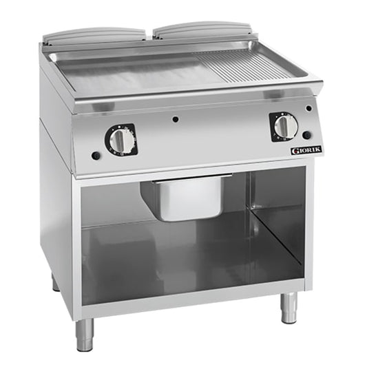 Giorik 900 Series 800mm wide 1/3 Ribbed 2/3 Smooth Satin Chrome Gas Frytop on Open Base FMG941GCRXT.P