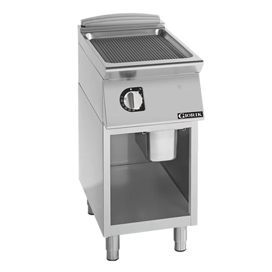 Giorik 900 Series 400mm wide Ribbed Mild Steel Electric Frytop on Open Base FRE92GFT