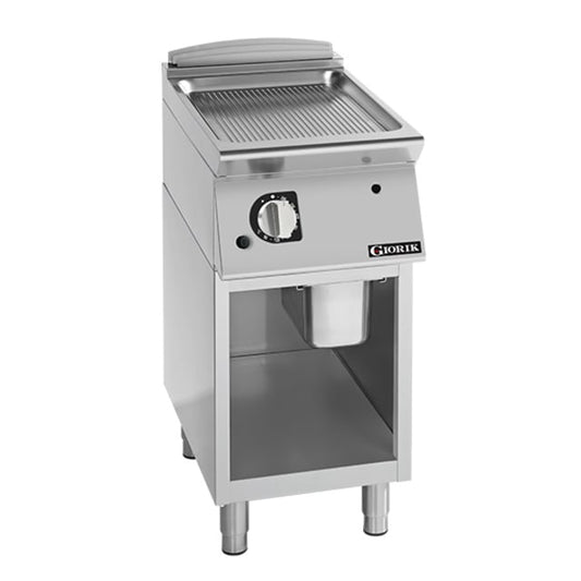 Giorik 700 Series 400mm wide Ribbed Satin Chrome Gas Frytop on Open Base FRG72GCRXT.N