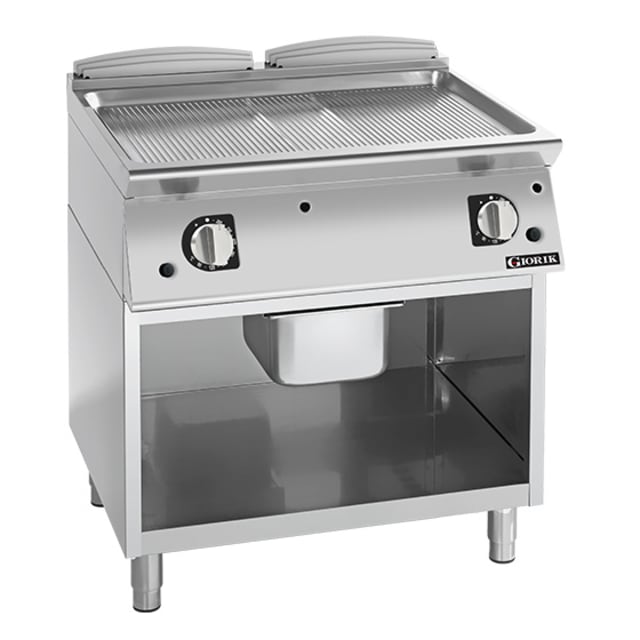Giorik 700 Series 800mm wide Ribbed Satin Chrome Gas Frytop on Open Base FRG741GCRXT.P