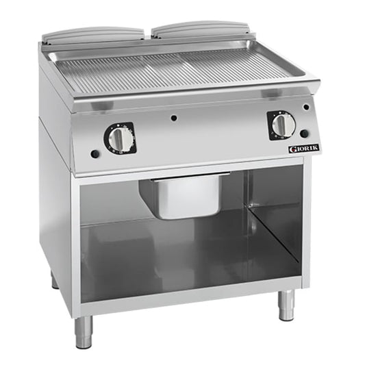 Giorik 700 Series 800mm wide Ribbed Satin Chrome Gas Frytop on Open Base FRG741GCRXT.P