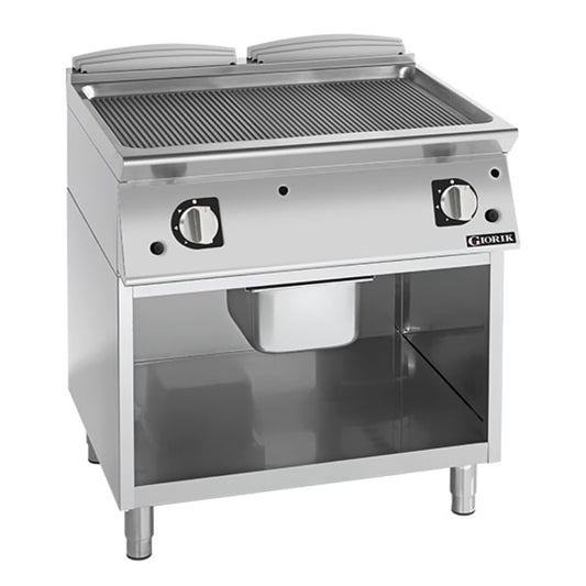 Giorik 700 Series 800mm wide Ribbed Mild Steel Gas Frytop on Open Base FRG741GFT.N