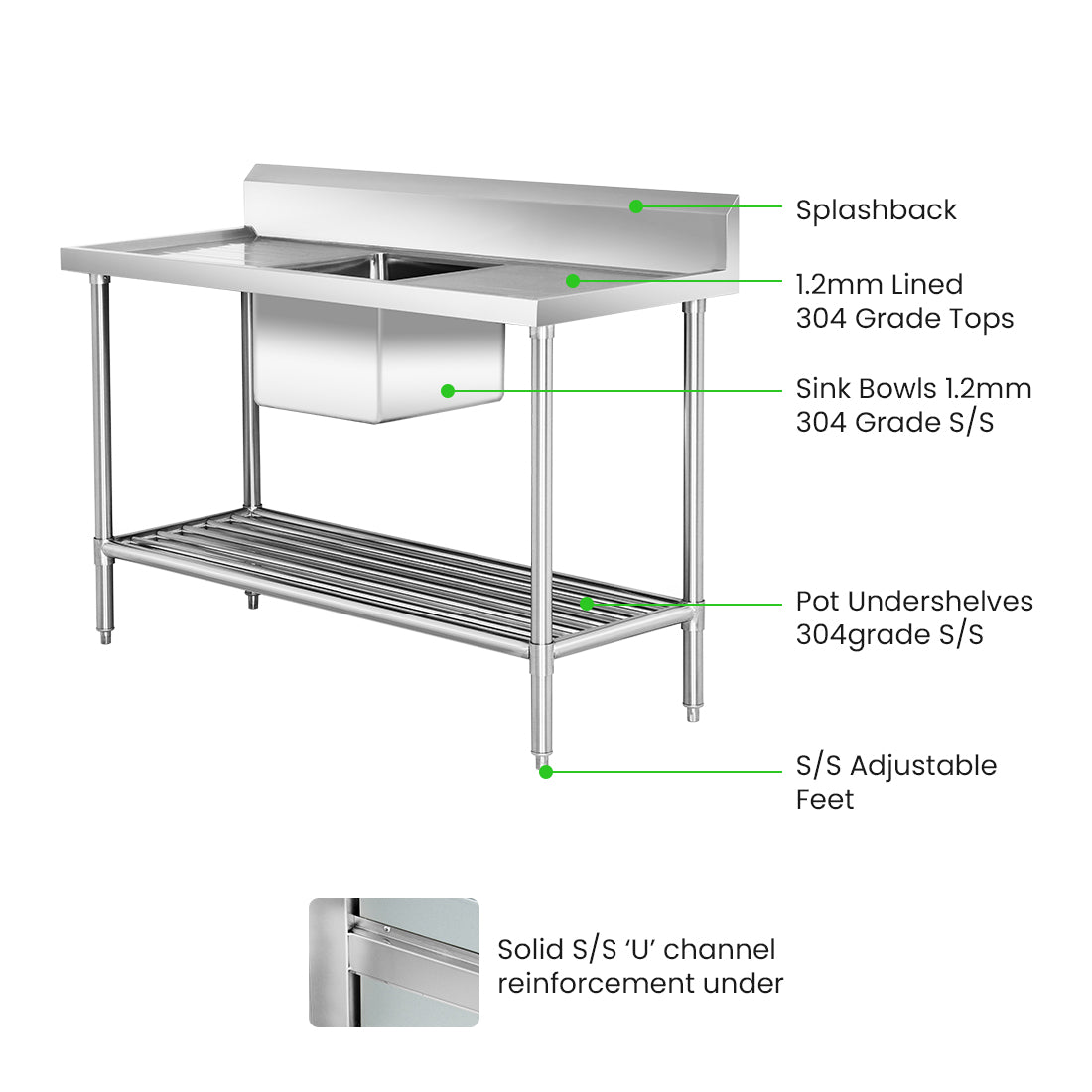 Single Centre Sink Bench & Pot Undershelf SSB6-1500C/A
