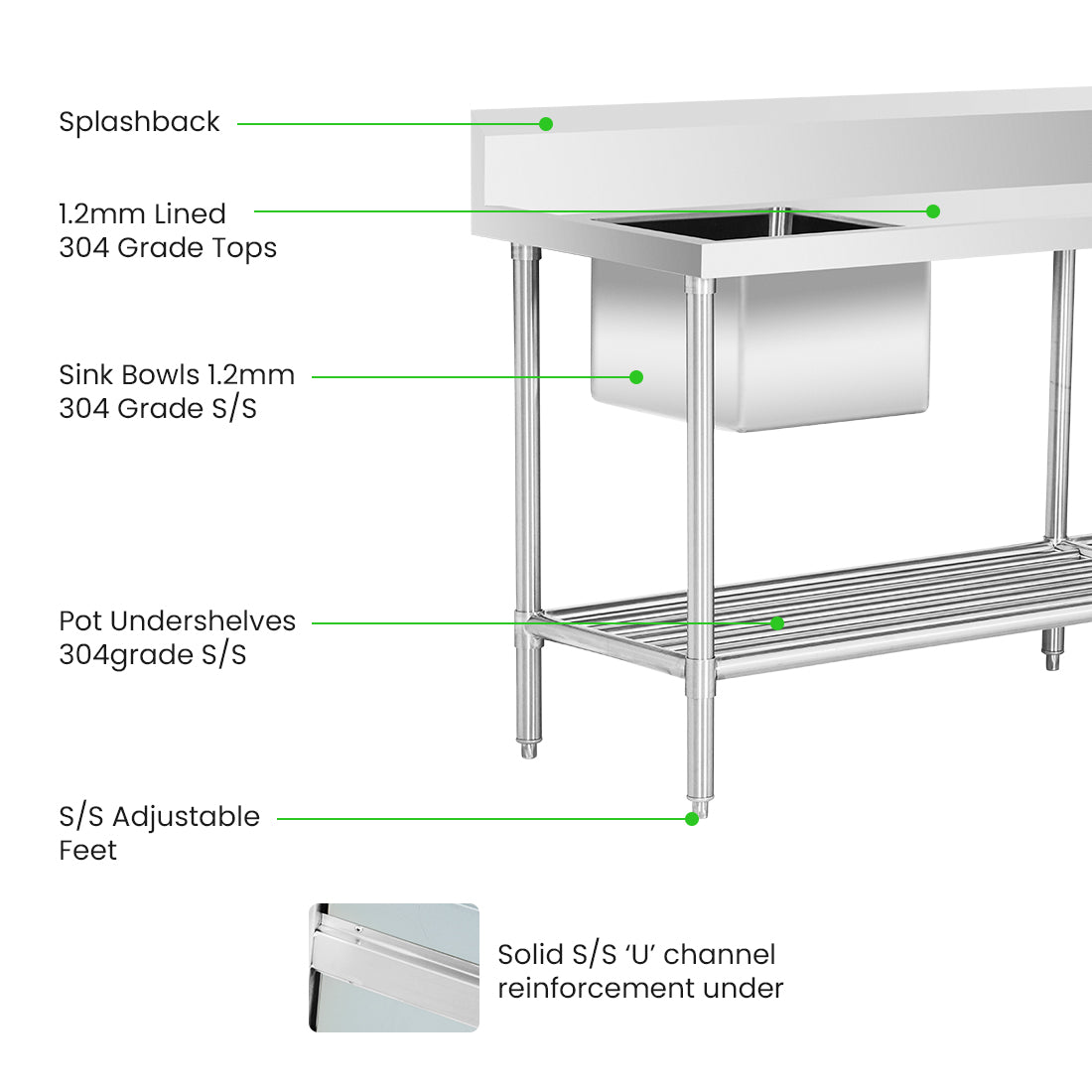 SSB6-2400L/A Single Left Sink Bench with Pot Undershelf