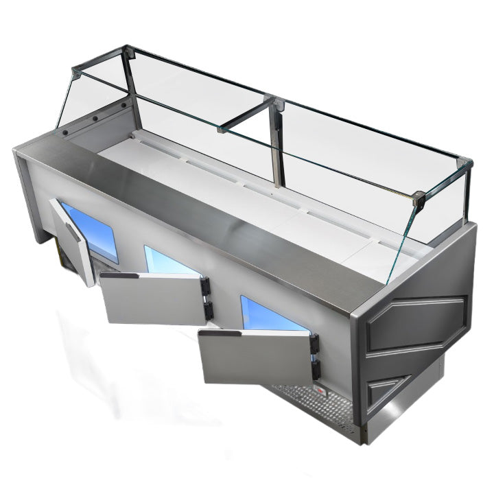 Tecnodom Serie MR9.5 Silver 2480mm Wide Deli Display with Storage and Castors TDMR-0925