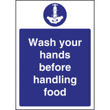 Vogue Wash Hands Before Handling Food Sign Self-Adhesive-300x200mm 11 3/4x7 3/4"