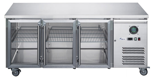 FED-X Three Glass Door Bench Fridge Stainless Steel - XUB7C18G3V